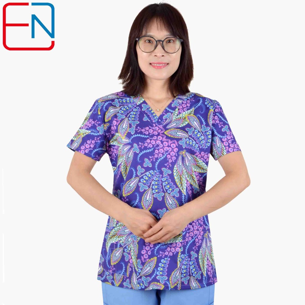 Hennar Women Medical Scrub Tops in 100% Cotton Scrubs Tops,Women Medical Uniforms Floral 2