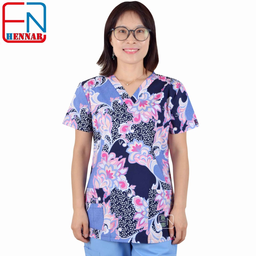 Hennar Women Medical Scrub Tops in 100% Cotton Scrubs Tops,Women Medical Uniforms Floral 2