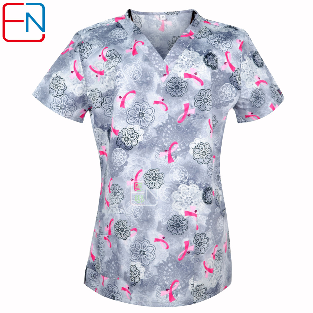 Hennar Medical Scrub Tops in 100% Cotton Hearts Ribbons Medical Things
