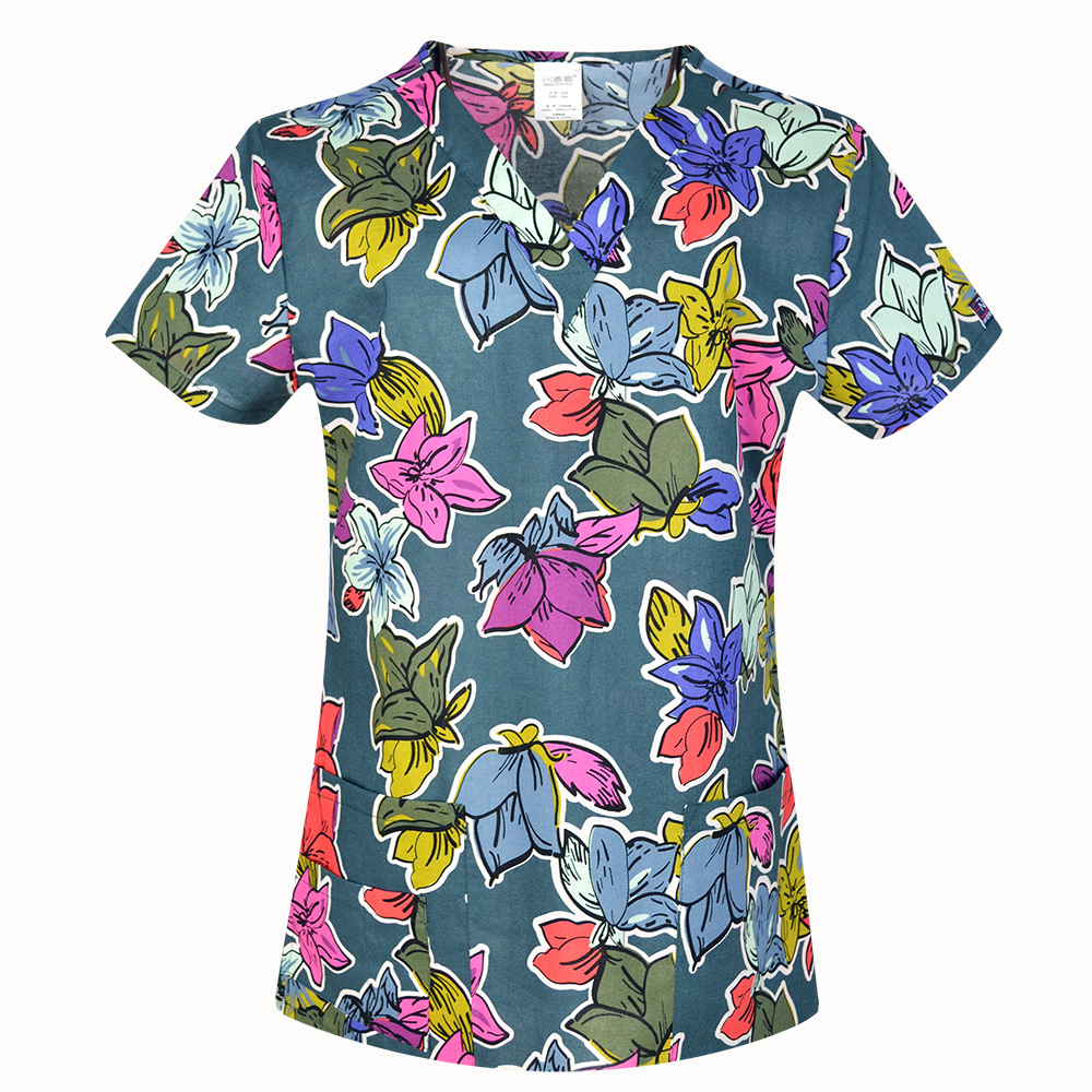 Hennar Women Medical Scrub Tops in 100% Cotton Scrubs Tops,Women Medical Uniforms Floral 2