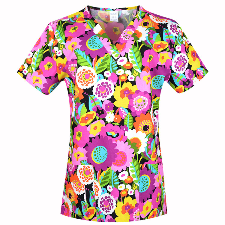 Hennar Women Medical Scrub Tops in 100% Cotton Scrubs Tops,Women Medical Uniforms Floral 2