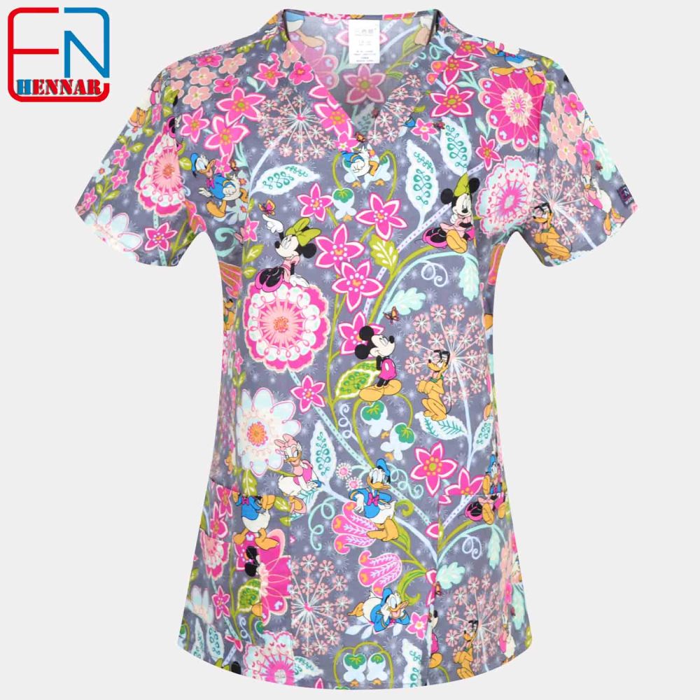 Hennar Women medical scrub tops in 100% cotton scrubs,women scrub tops,women medical uniforms Cartoon 1