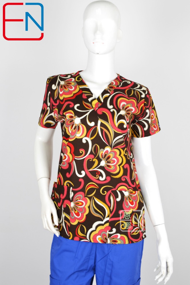 Hennar Women Medical Scrub Tops in 100% Cotton Scrubs Tops,Women Medical Uniforms Floral 1