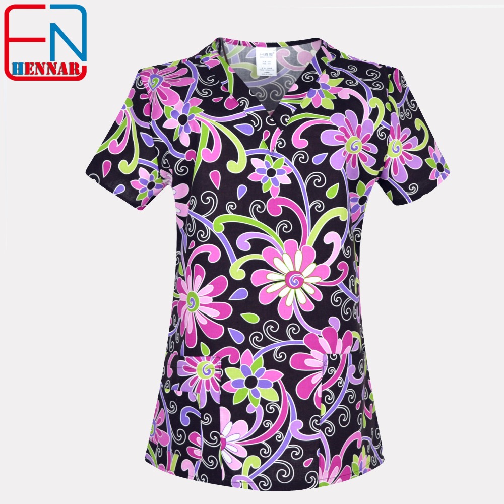 Hennar Women Medical Scrub Tops in 100% Cotton Scrubs Tops,Women Medical Uniforms Floral 1