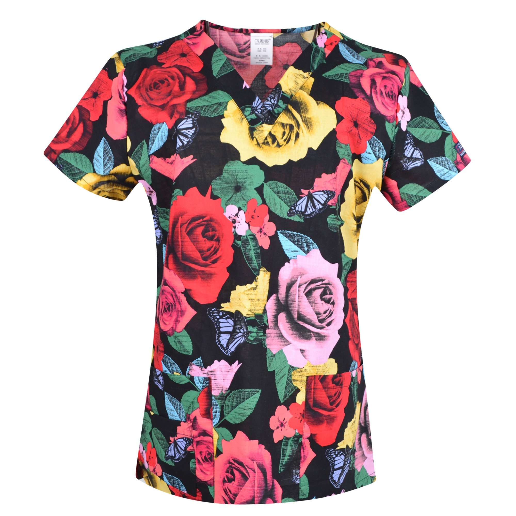 Hennar Women Medical Scrub Tops in 100% Cotton Scrubs Tops,Women Medical Uniforms Floral 2