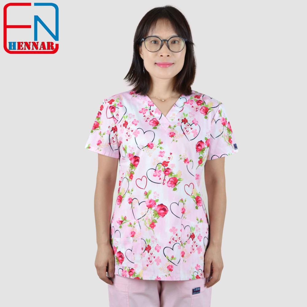 Hennar Women Medical Scrub Tops in 100% Cotton Scrubs Tops,Women Medical Uniforms Floral 2