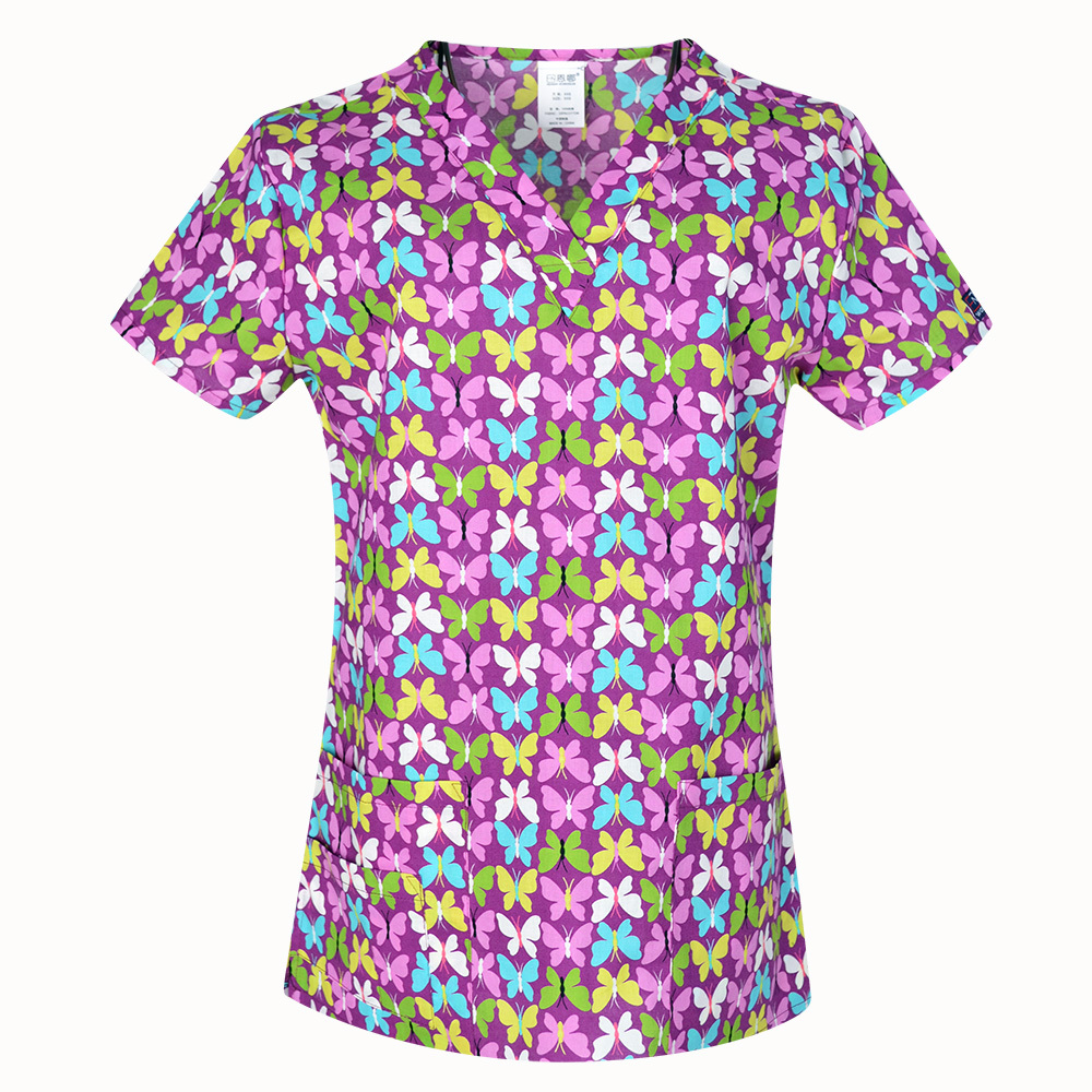 Hennar Women Medical Scrub Tops in 100% Cotton Scrubs Tops,Women Medical Uniforms Floral 2