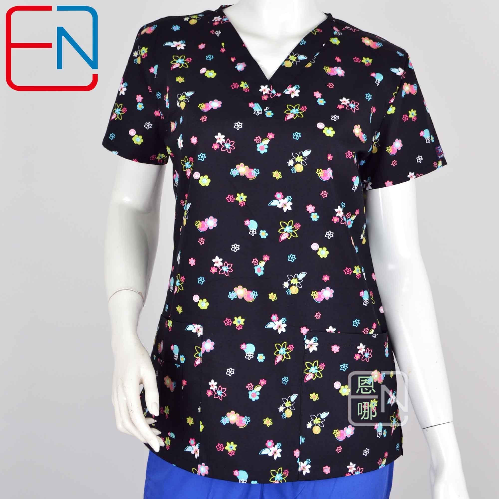 Hennar Women Medical Scrub Tops in 100% Cotton Scrubs Tops,Women Medical Uniforms Floral 1