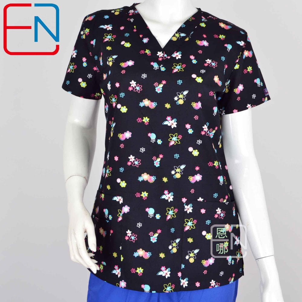 Hennar Women Medical Scrub Tops in 100% Cotton Scrubs Tops,Women Medical Uniforms Floral 1