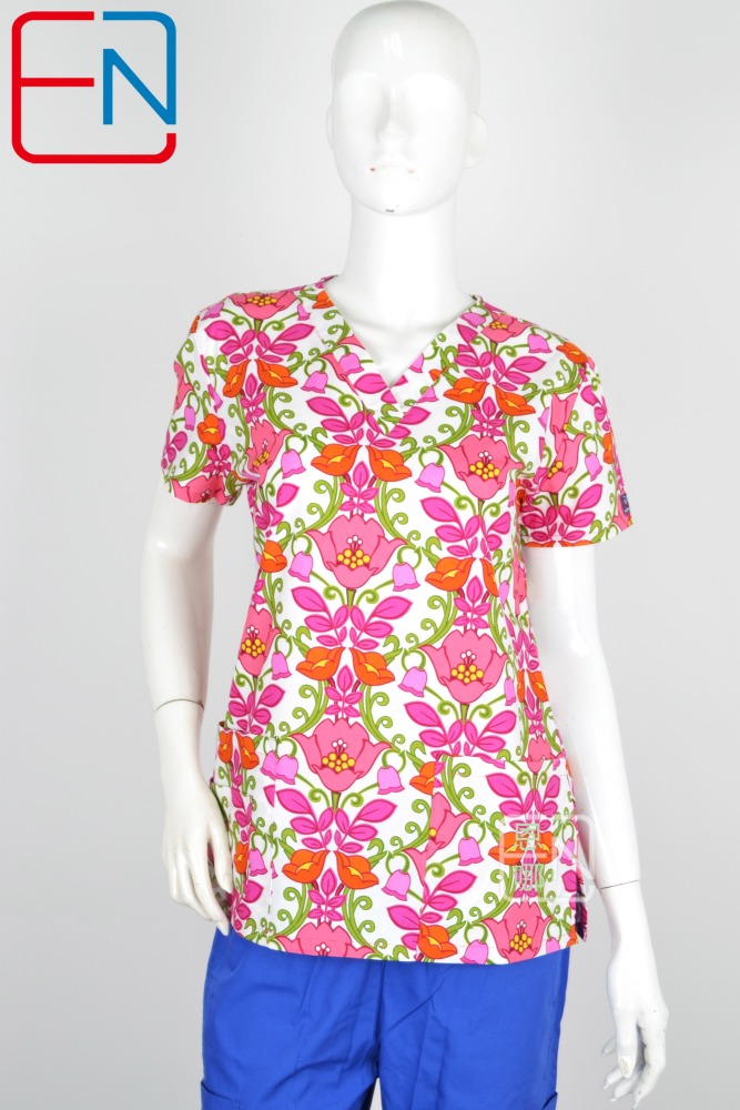 Hennar Women Medical Scrub Tops in 100% Cotton Scrubs Tops,Women Medical Uniforms Floral 1
