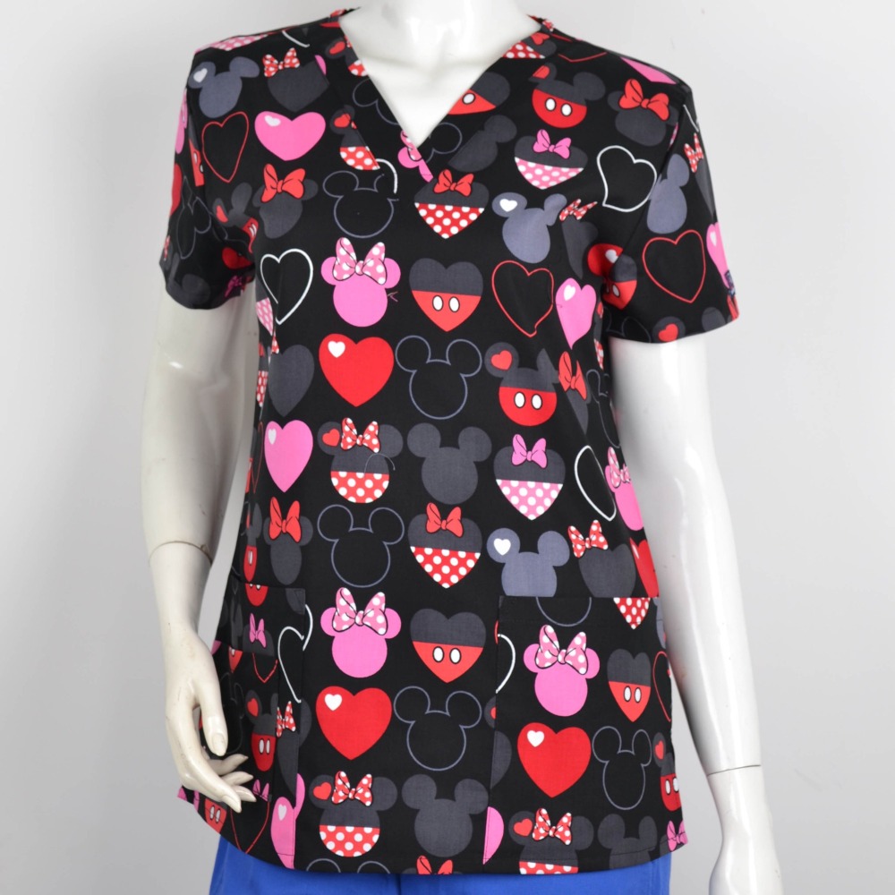Hennar Medical Scrub Tops in 100% Cotton Hearts Ribbons Medical Things