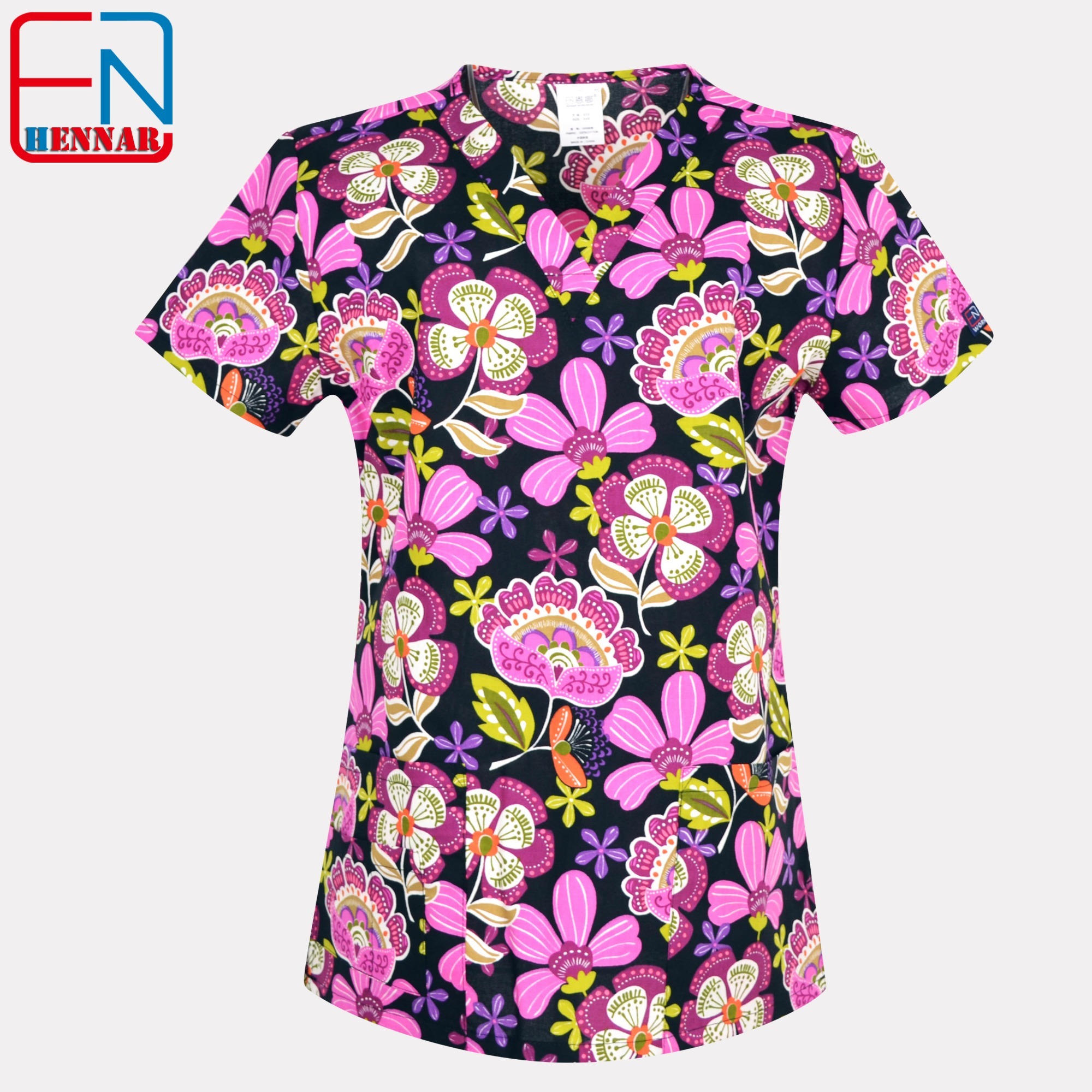 Hennar Women Medical Scrub Tops in 100% Cotton Scrubs Tops,Women Medical Uniforms Floral 1