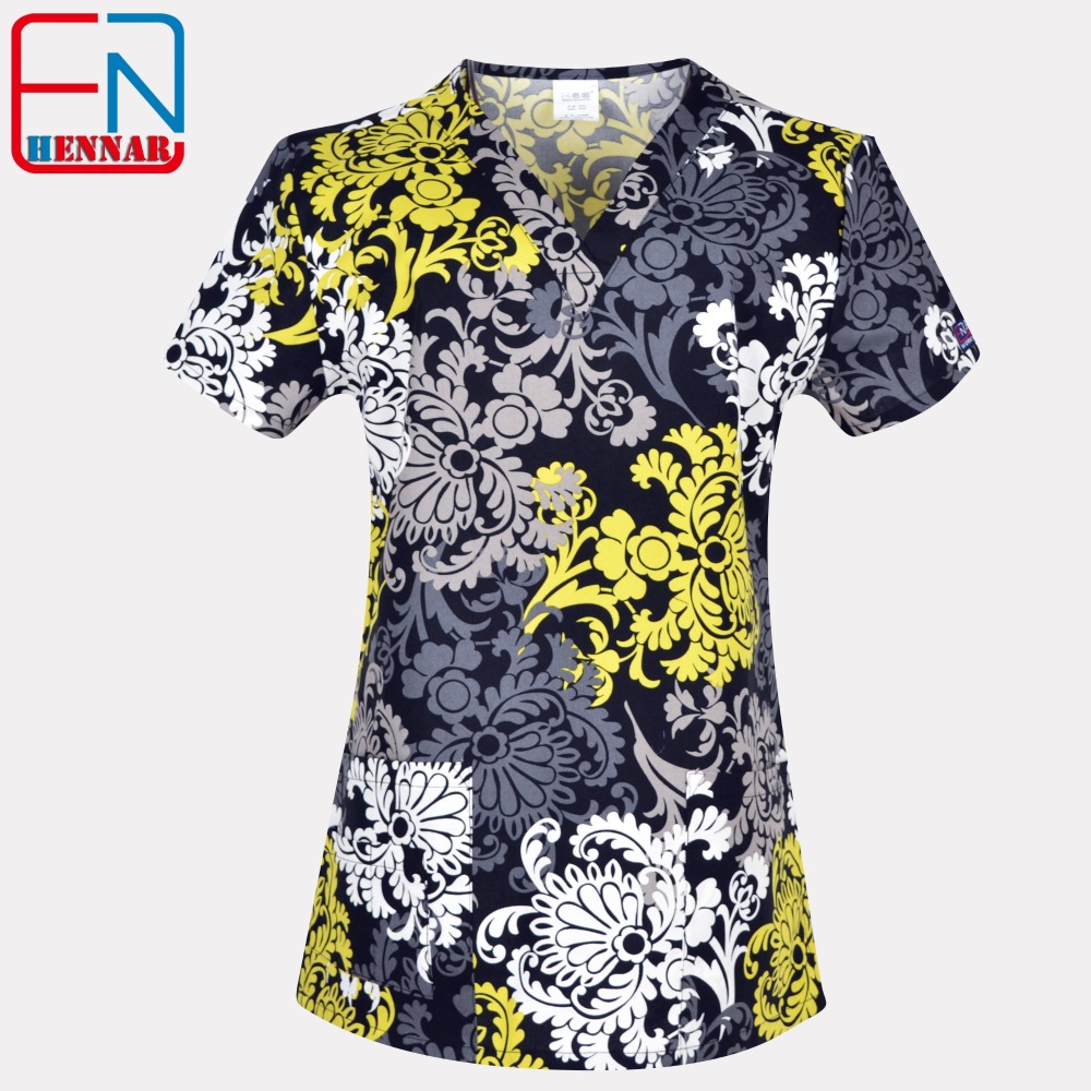 Hennar Women Medical Scrub Tops in 100% Cotton Scrubs Tops,Women Medical Uniforms Floral 1
