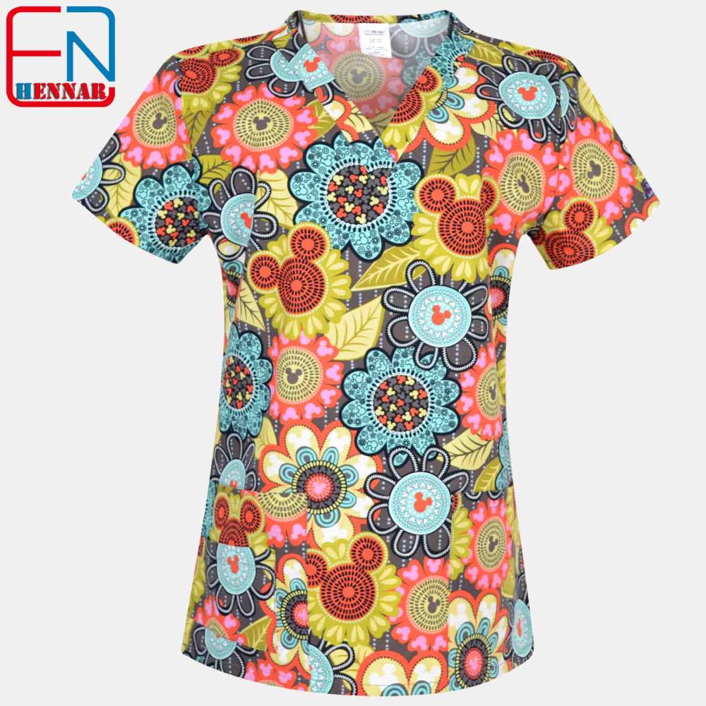 Hennar Women medical scrub tops in 100% cotton scrubs,women scrub tops,women medical uniforms Cartoon 1
