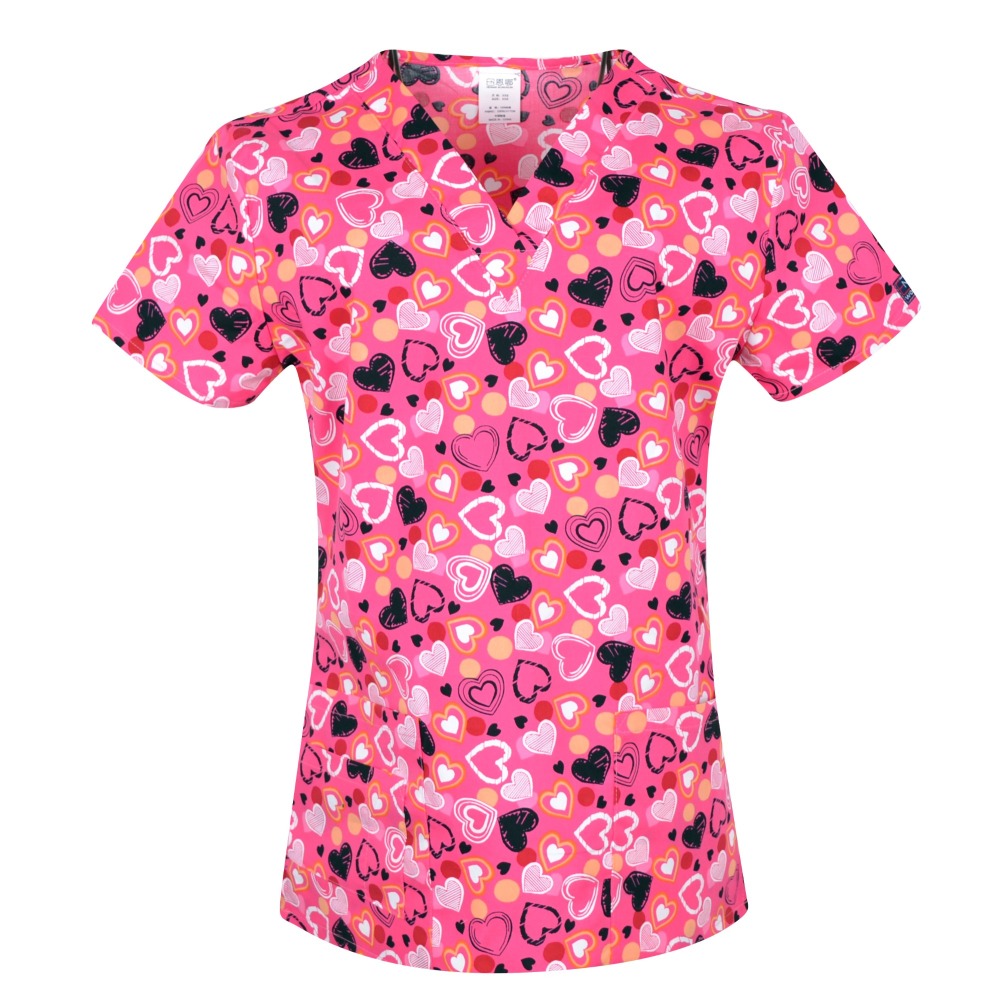 Hennar Medical Scrub Tops in 100% Cotton Hearts Ribbons Medical Things