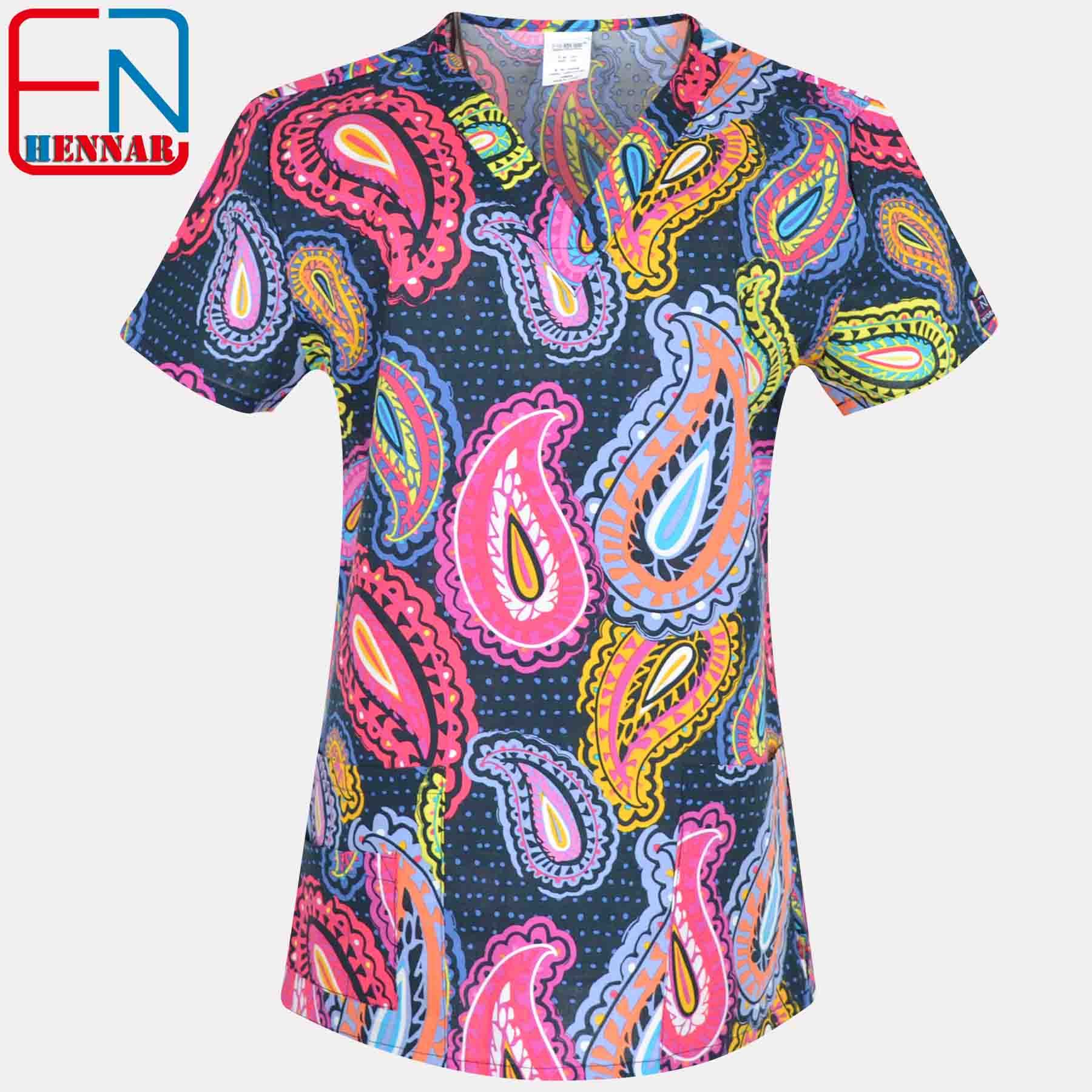 Hennar Women Medical Scrub Tops in 100% Cotton Scrubs Tops,Women Medical Uniforms Floral 1