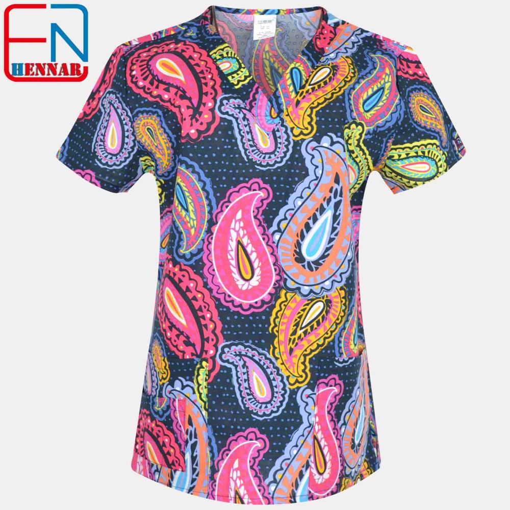 Hennar Women Medical Scrub Tops in 100% Cotton Scrubs Tops,Women Medical Uniforms Floral 1