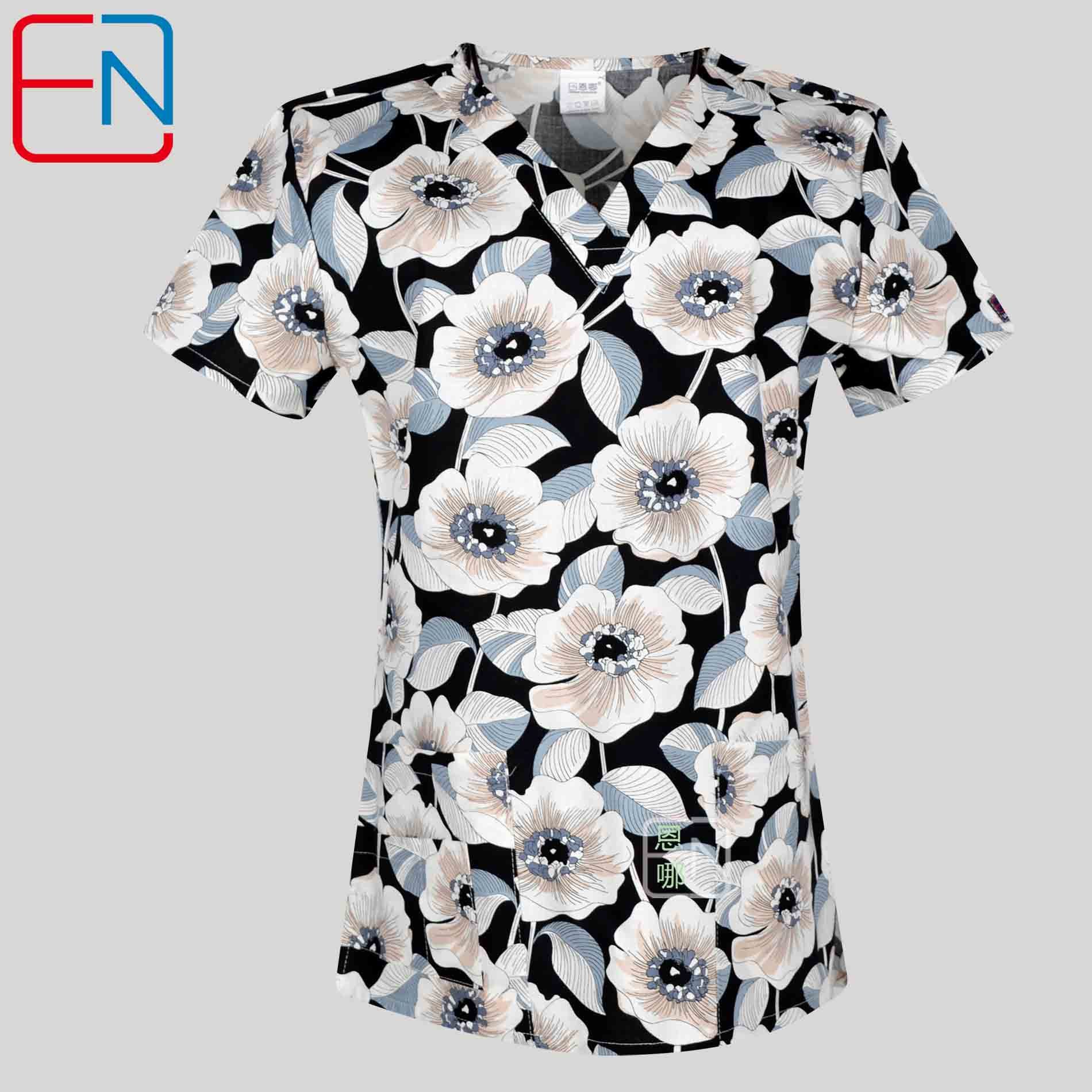 Hennar Women Medical Scrub Tops in 100% Cotton Scrubs Tops,Women Medical Uniforms Floral 1