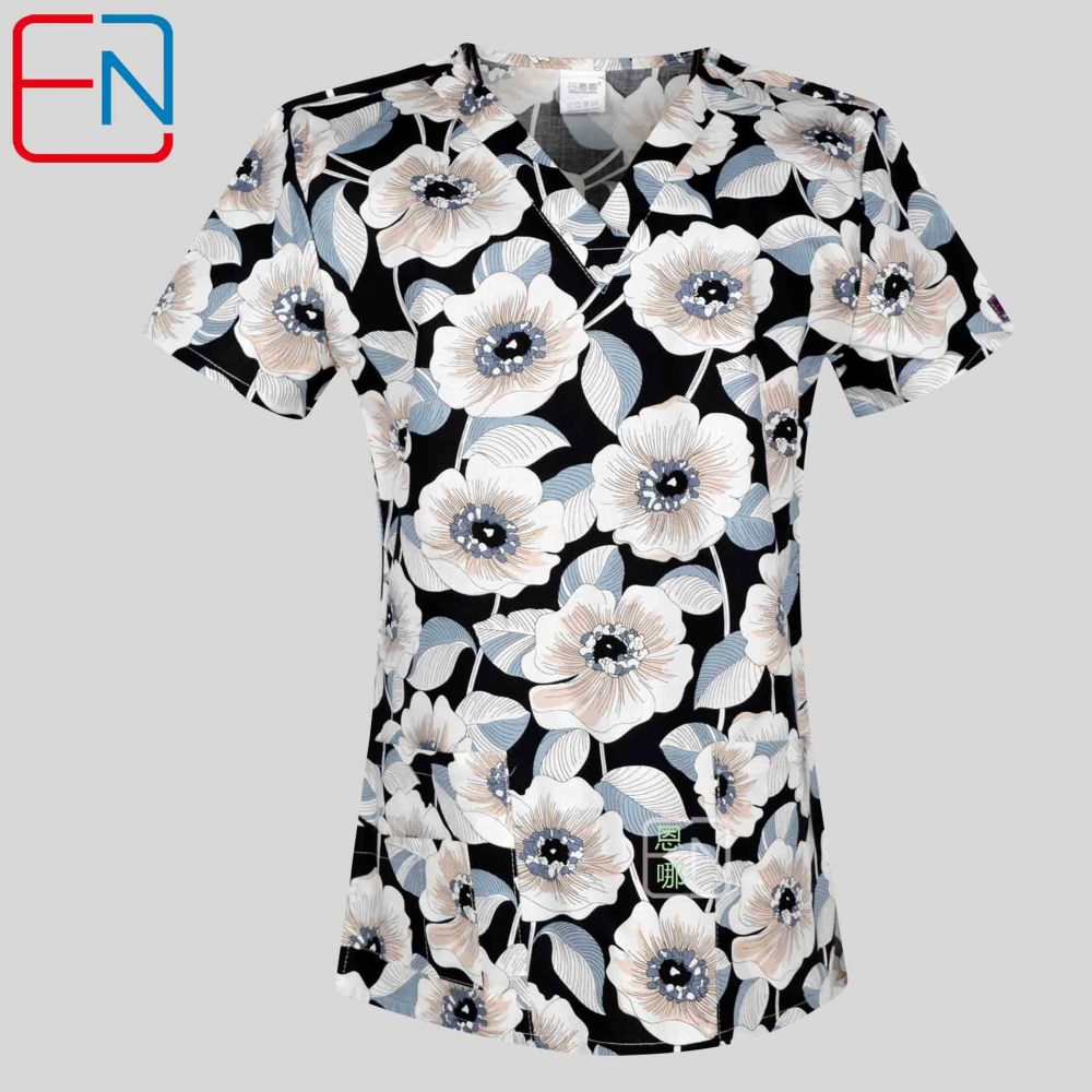 Hennar Women Medical Scrub Tops in 100% Cotton Scrubs Tops,Women Medical Uniforms Floral 1