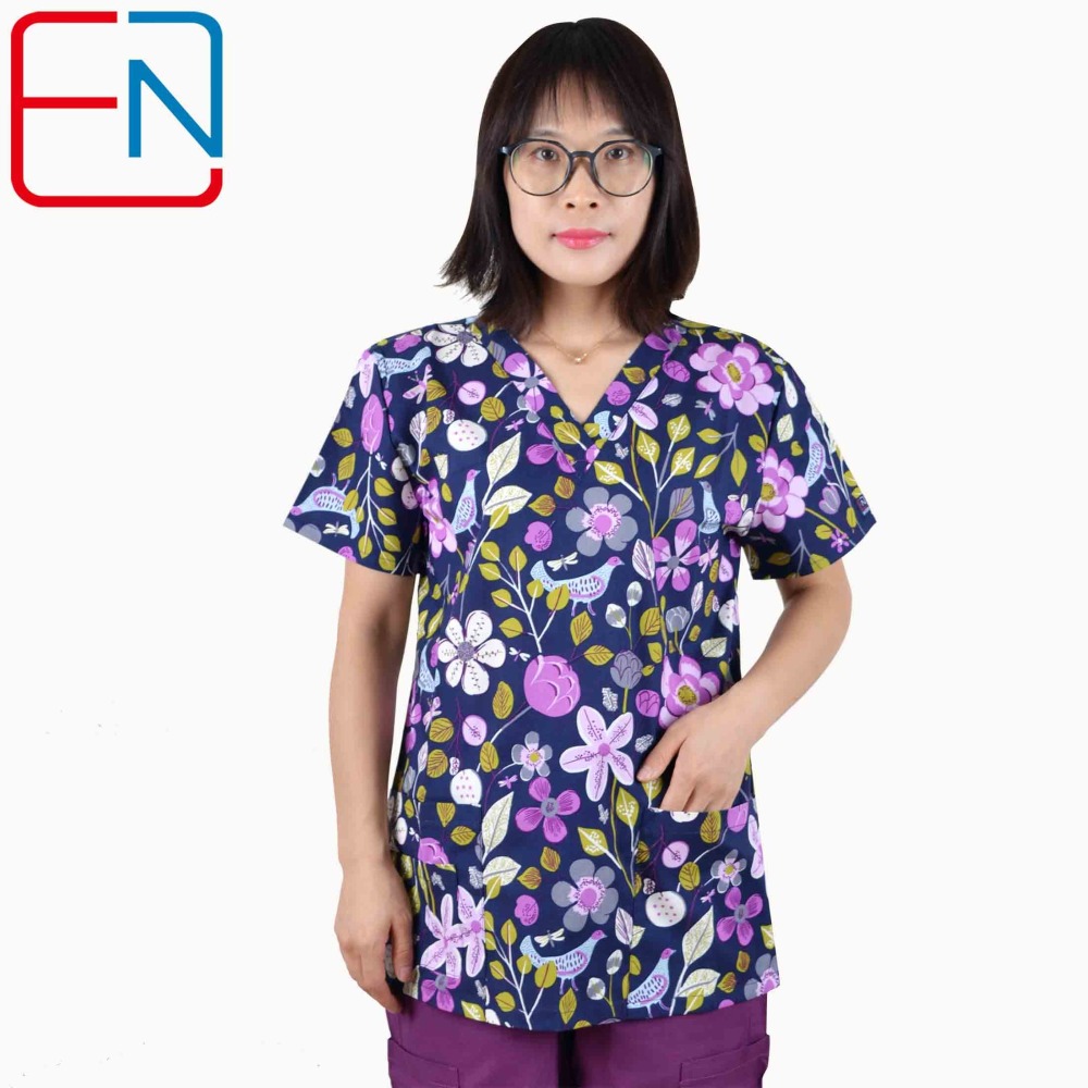 Hennar Women Medical Scrub Tops in 100% Cotton Scrubs Tops,Women Medical Uniforms Floral 2