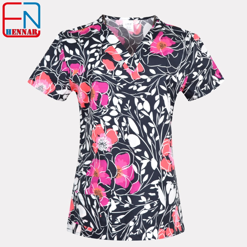 Hennar Women Medical Scrub Tops in 100% Cotton Scrubs Tops,Women Medical Uniforms Floral 1