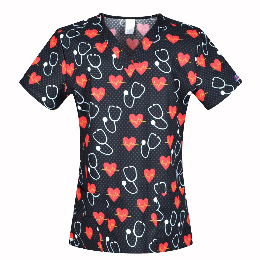 Hennar Medical Scrub Tops in 100% Cotton Hearts Ribbons Medical Things