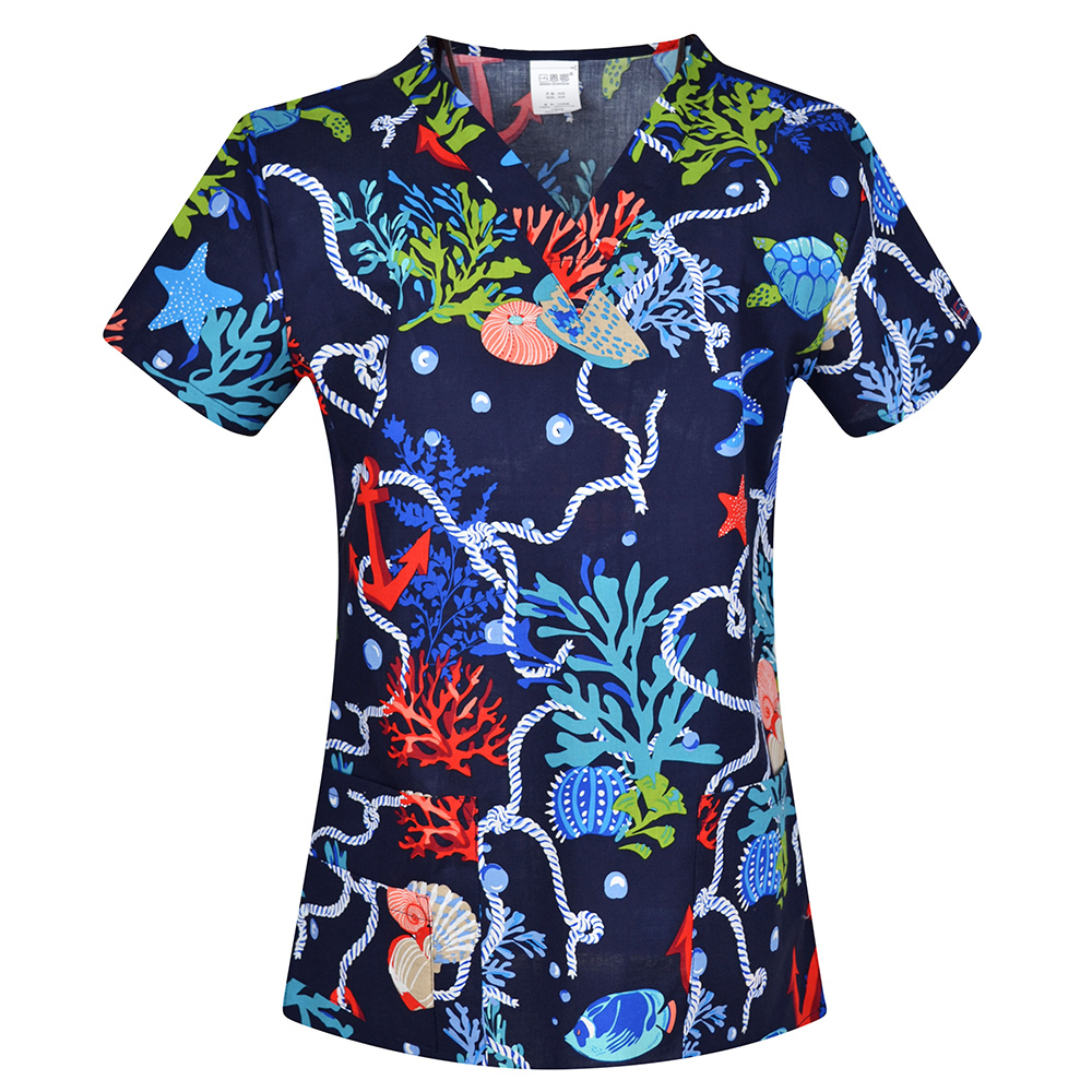 Hennar Women Medical Scrub Tops in 100% Cotton Scrubs Tops,Women Medical Uniforms Floral 2