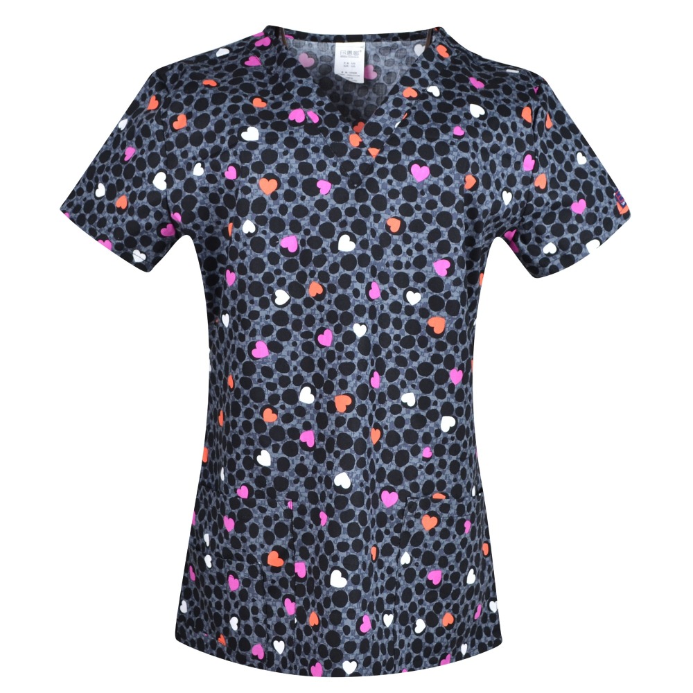 Hennar Medical Scrub Tops in 100% Cotton Hearts Ribbons Medical Things