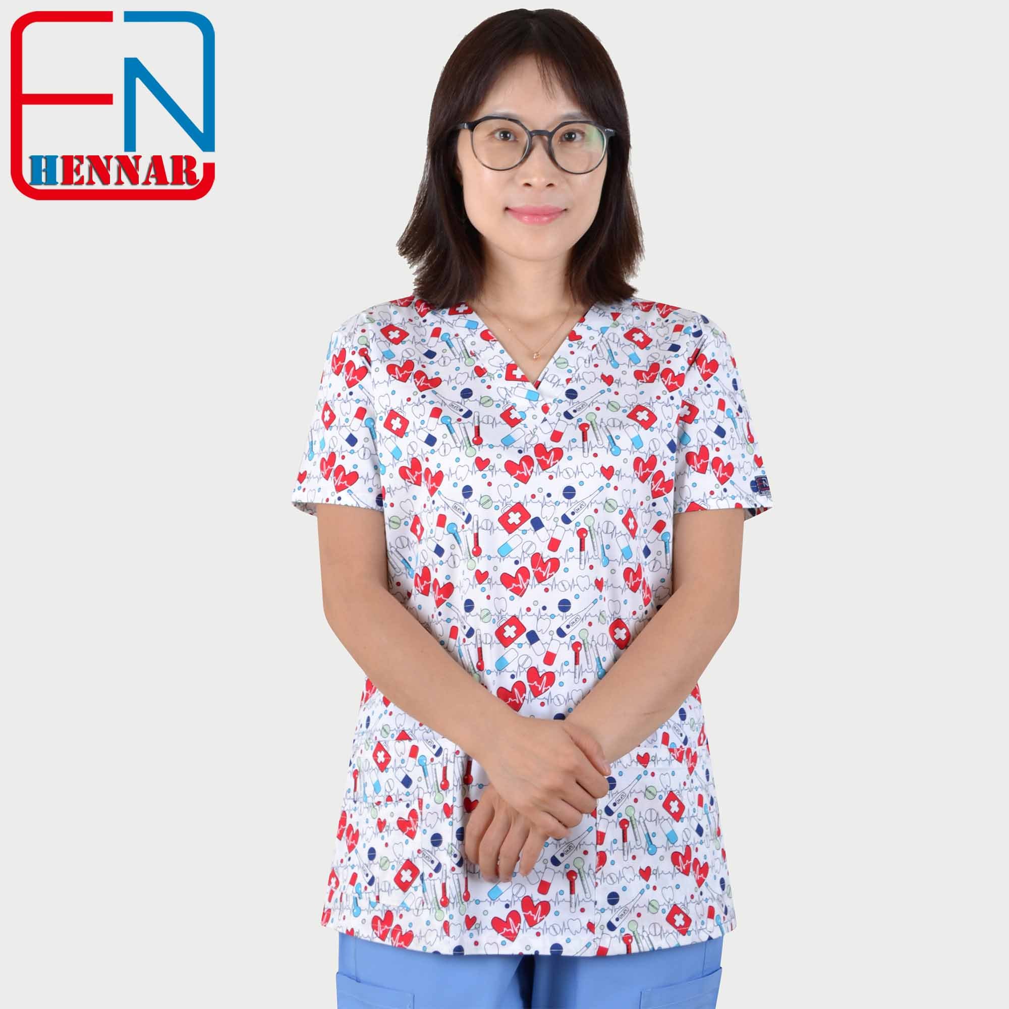 Hennar Medical Scrub Tops in 100% Cotton Hearts Ribbons Medical Things