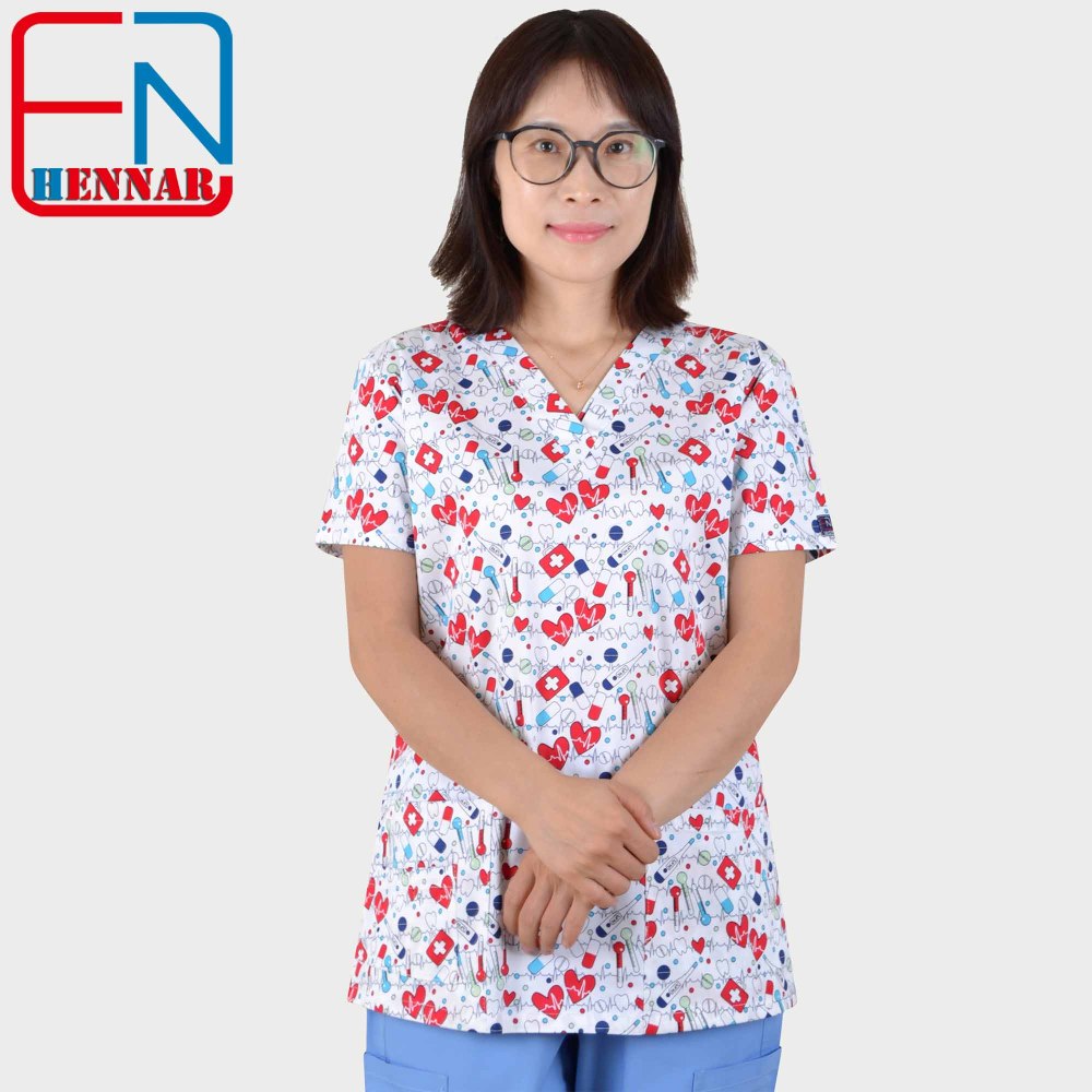 Hennar Medical Scrub Tops in 100% Cotton Hearts Ribbons Medical Things