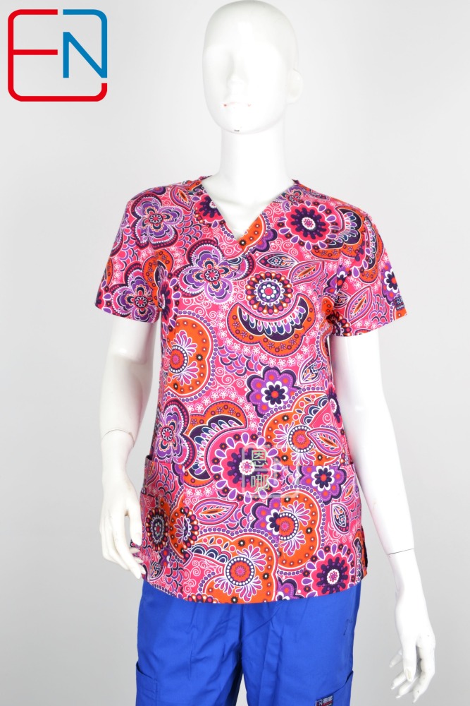 Hennar Women Medical Scrub Tops in 100% Cotton Scrubs Tops,Women Medical Uniforms Floral 1