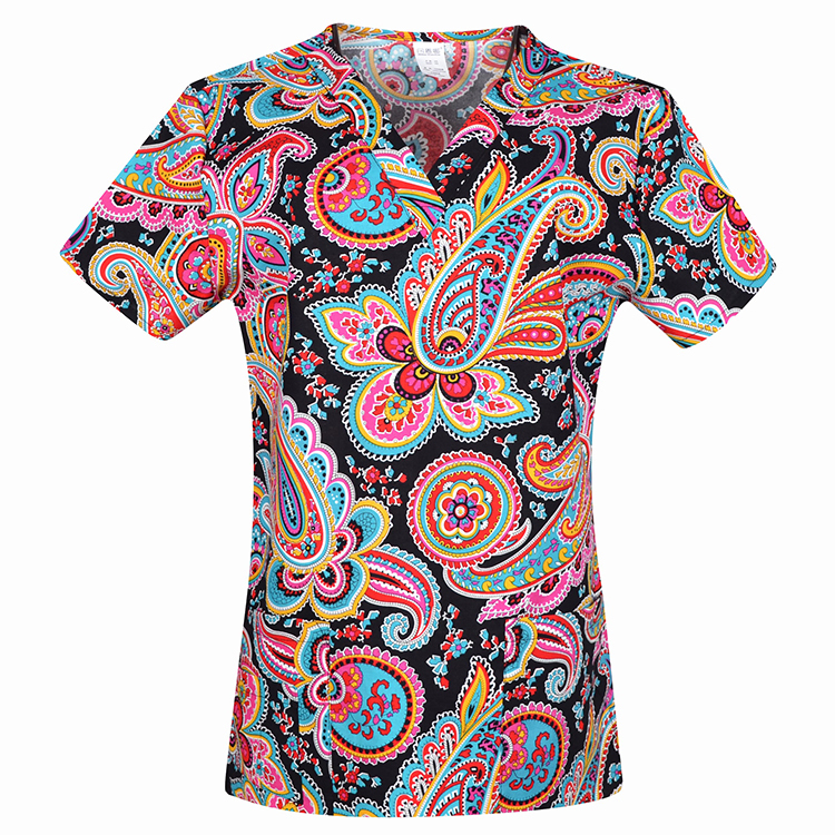 Hennar Women Medical Scrub Tops in 100% Cotton Scrubs Tops,Women Medical Uniforms Floral 2