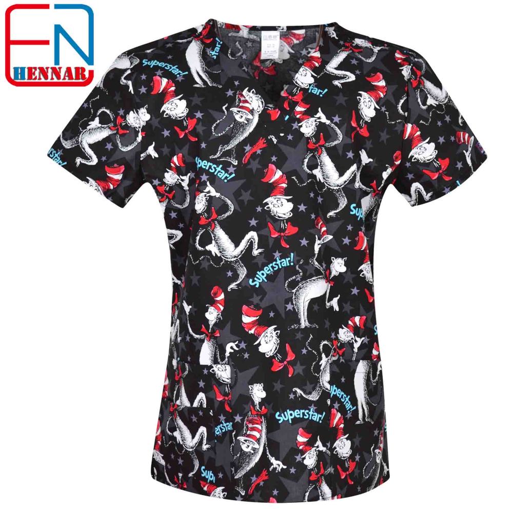 Hennar Women medical scrub tops in 100% cotton scrubs,women scrub tops,women medical uniforms Cartoon 1