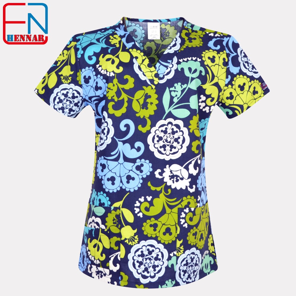 Hennar Women Medical Scrub Tops in 100% Cotton Scrubs Tops,Women Medical Uniforms Floral 1