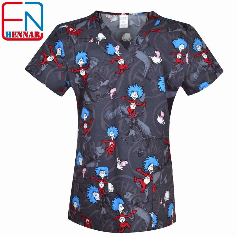 Hennar Women Medical Scrub Tops in Cartoon Prints For Women From Size XXS to 5XL Cartoon2