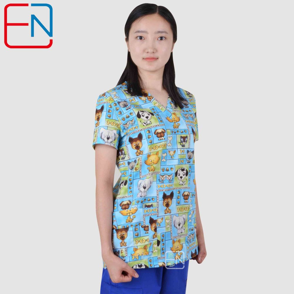 Hennar Women Scrub Top With V-Neck 100% Cotton Print Surgical Medical Uniforms Vet Scrub Tops Cats Dogs Animals
