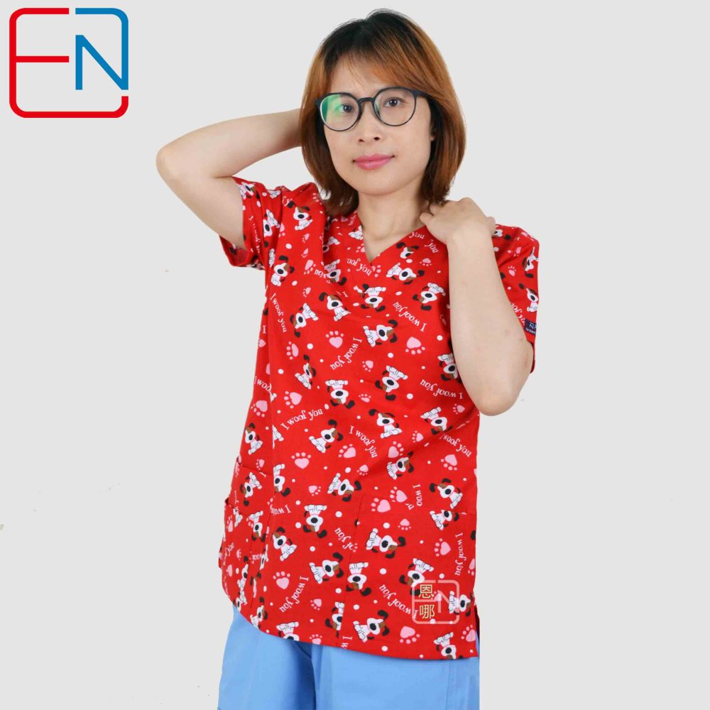 Hennar Women Scrub Top With V-Neck 100% Cotton Print Surgical Medical Uniforms Vet Scrub Tops Cats Dogs Animals