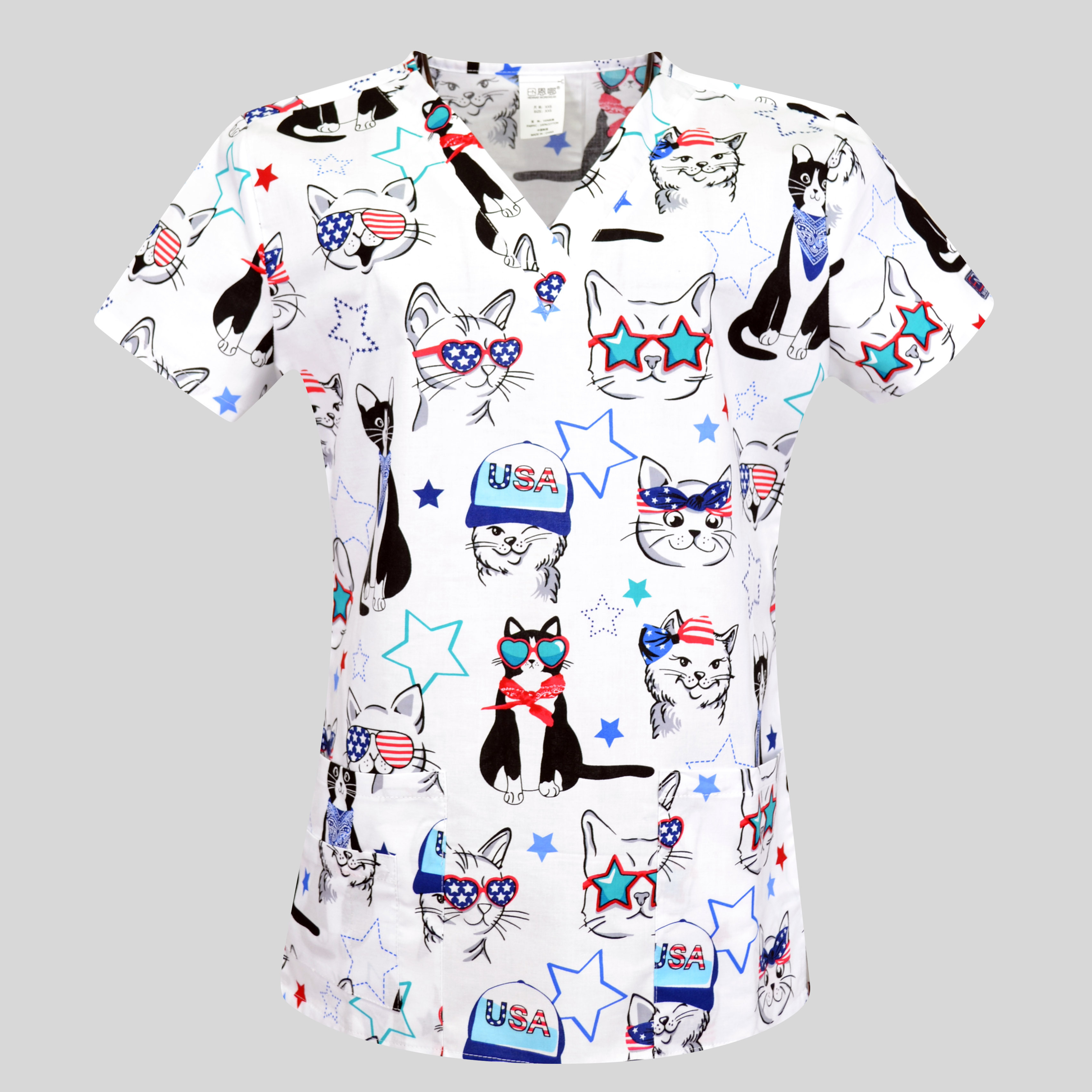 Hennar Women Scrub Top With V-Neck 100% Cotton Print Surgical Medical Uniforms Vet Scrub Tops Cats Dogs Animals