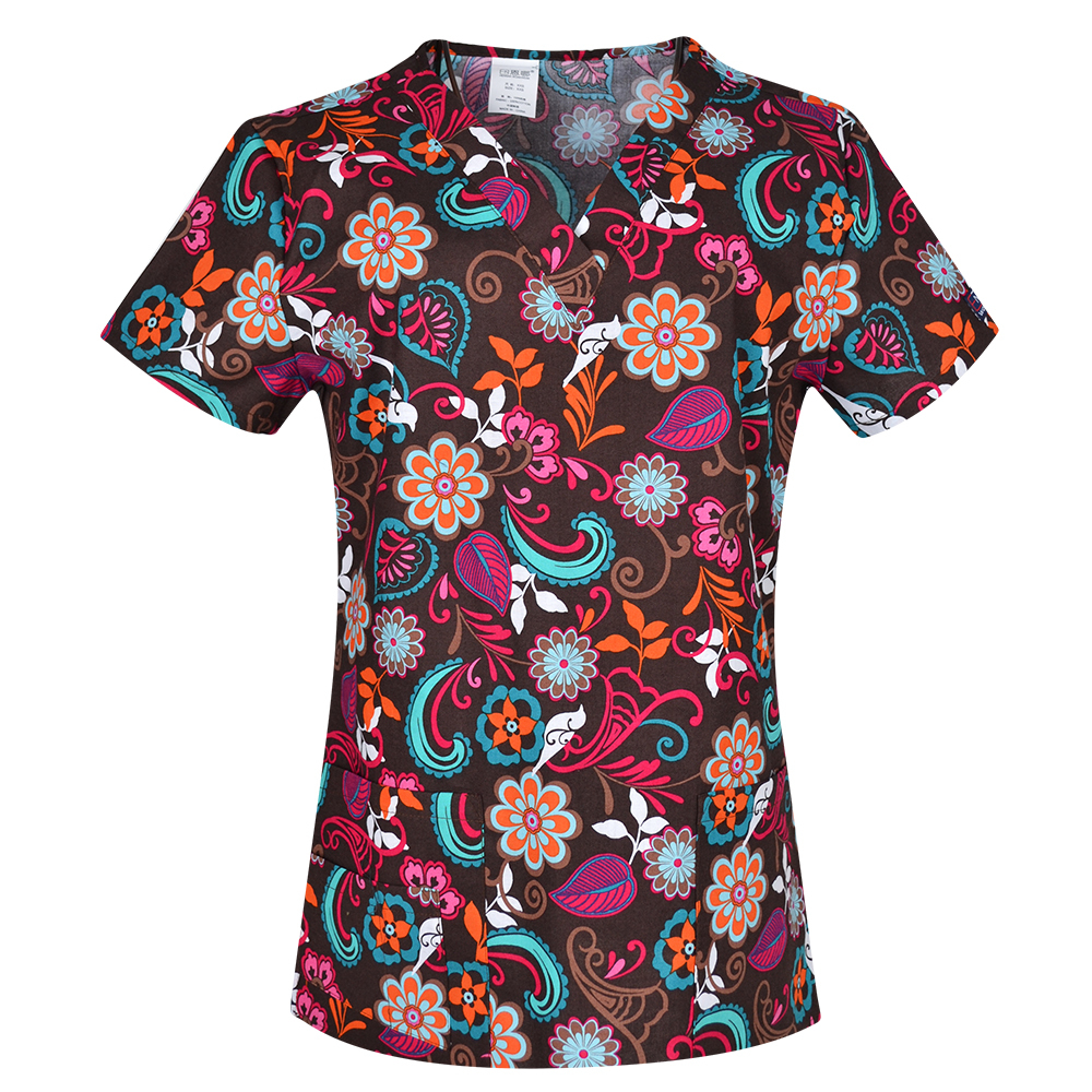 Hennar Women Medical Scrub Tops in 100% Cotton Scrubs Tops,Women Medical Uniforms Floral 1
