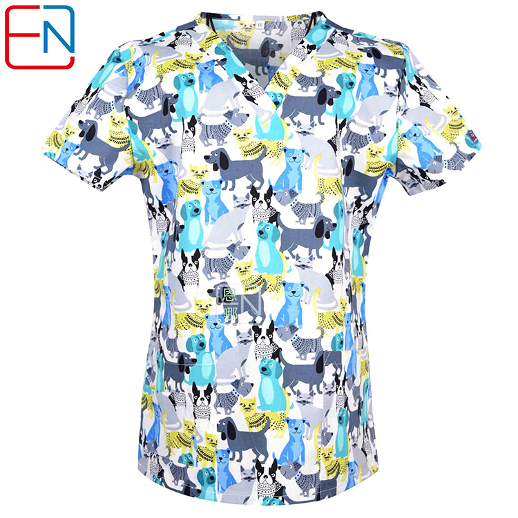Hennar Women Scrub Top With V-Neck 100% Cotton Print Surgical Medical Uniforms Vet Scrub Tops Cats Dogs Animals
