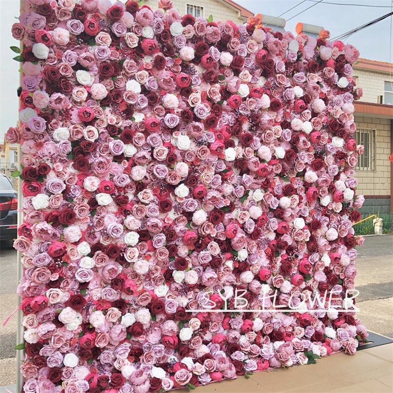 #207 Hot Selling Customized For Wedding Event Fabric Floral Decoration Wedding Pink artificial Flower Wall Backdrop