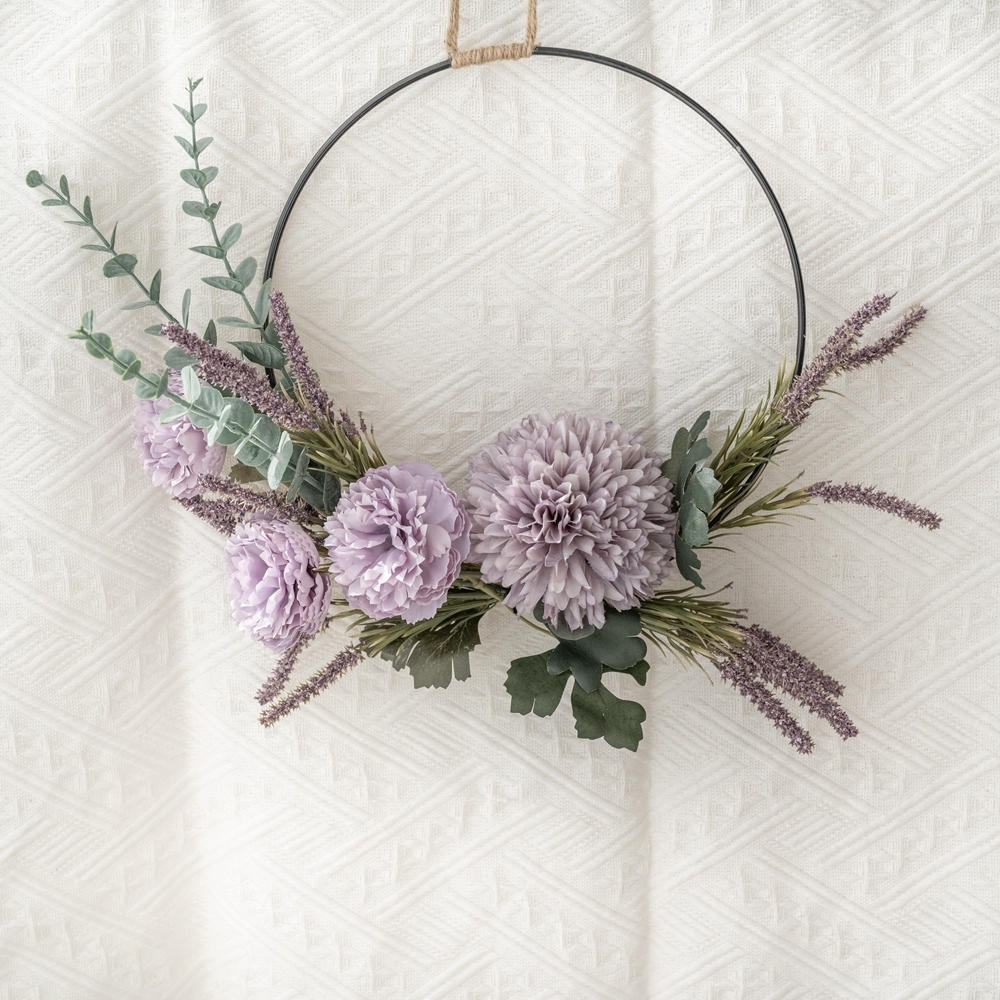 CF01026 Realistic Artificial Dandelion Lotus Eucalyptus Wreath Wall Backdrop For Garden Wedding Decoration