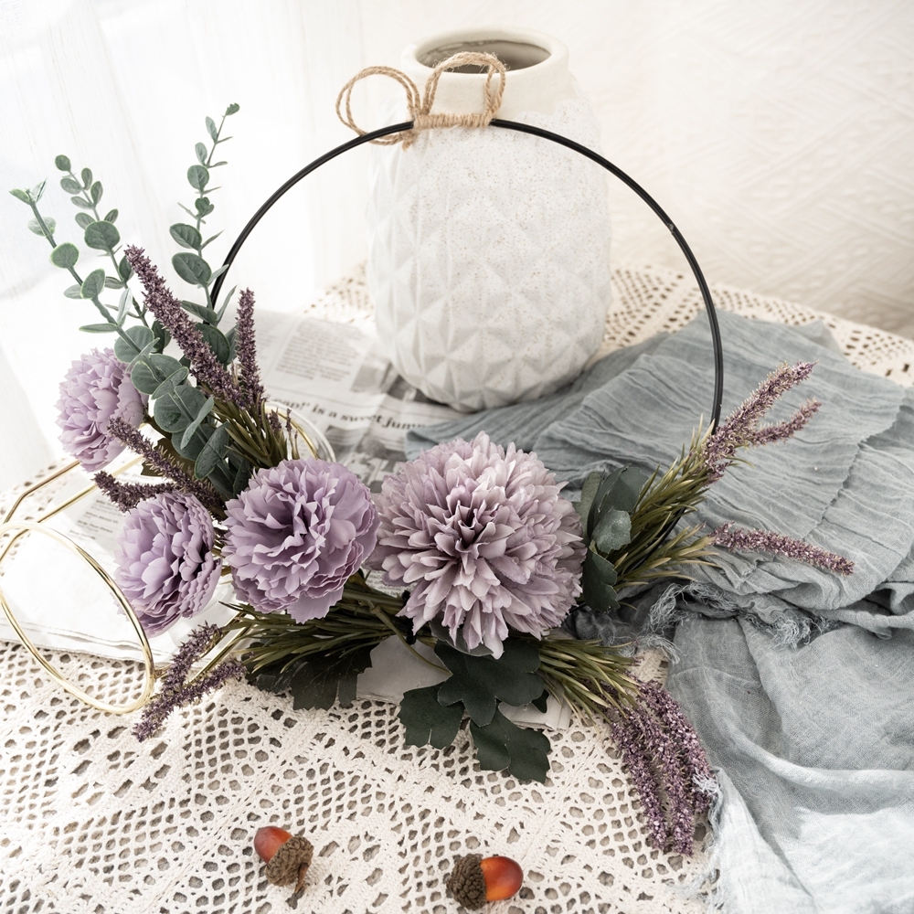 CF01026 Realistic Artificial Dandelion Lotus Eucalyptus Wreath Wall Backdrop For Garden Wedding Decoration