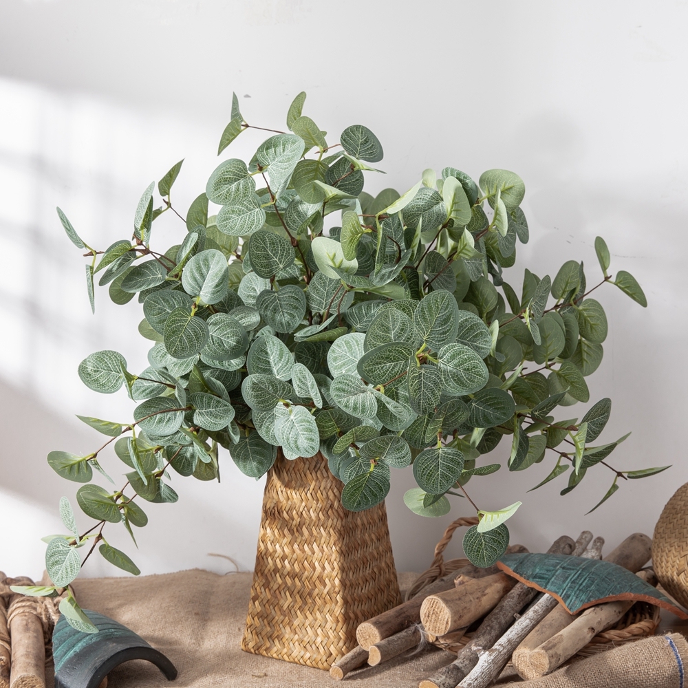 MW61216 Realistic Artificial Flower Plant Fabric Eucalyptus Single Branch Removable Stem For Silk Flowers