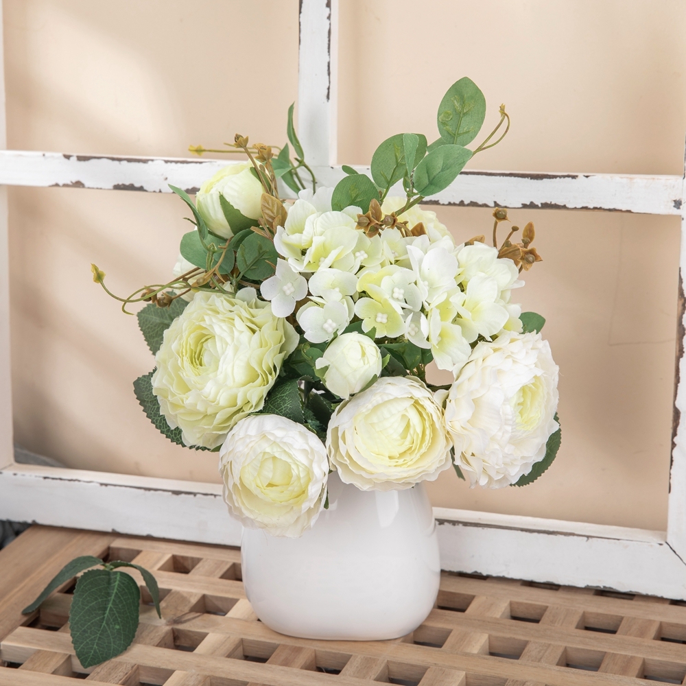 GF16384 Popular silk Ranunculus Hydrangea White Green flower Bridal for Decorative Flower