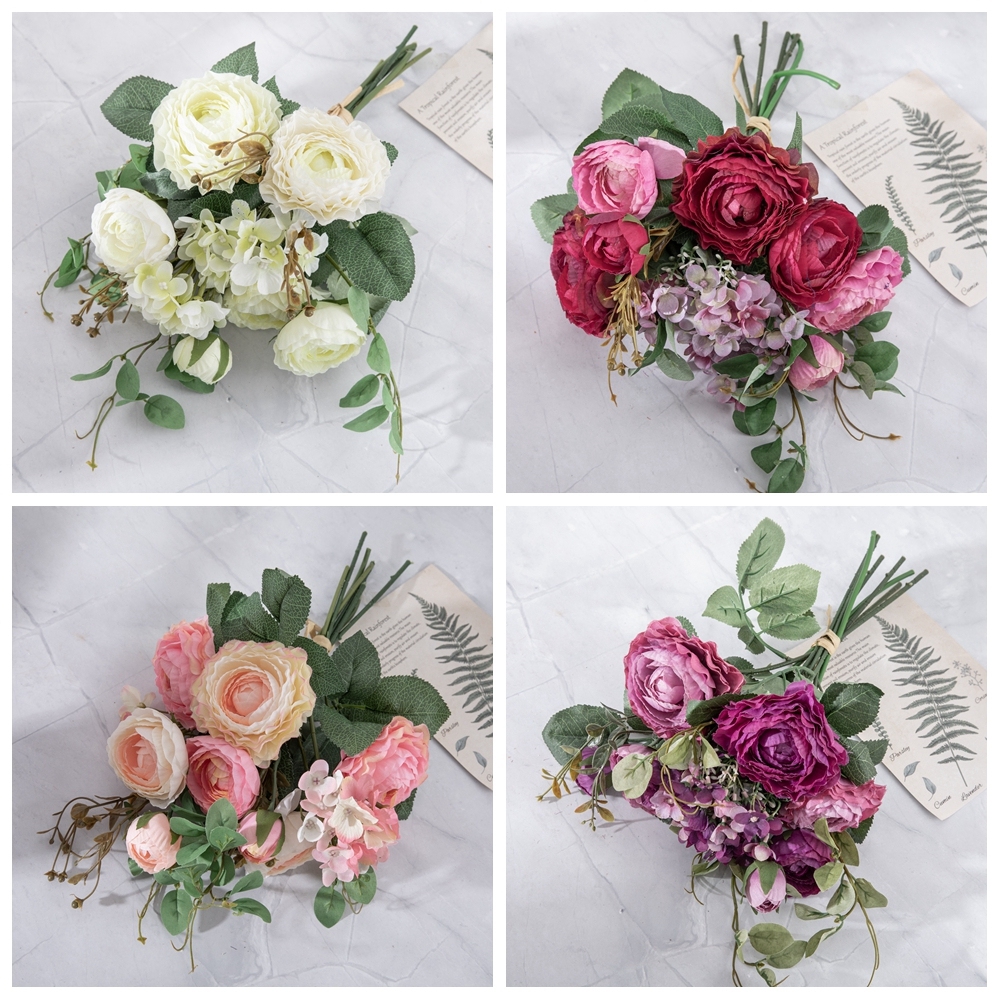 GF16384 Popular silk Ranunculus Hydrangea White Green flower Bridal for Decorative Flower