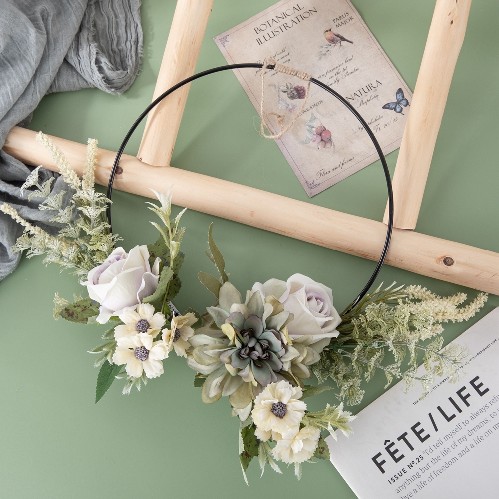 CF01206 Spring Wholesale Metal Hoop Wreath Fabric SIlk 38cm Artificial Rose Daisy Flower wreath for Wall Decor Wedding Backdrop