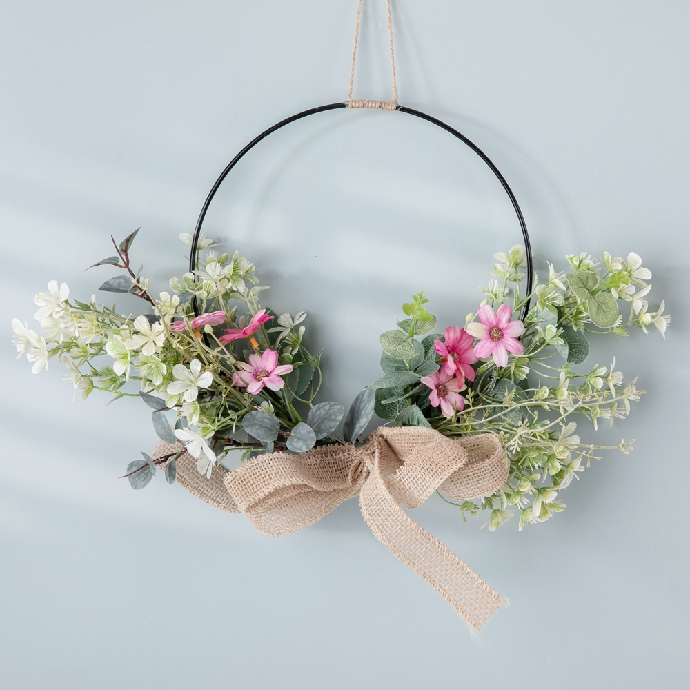 CF01223 Artificial Flower wreath Fabric Pink Chrysanthemum Half Iron Wreath for Wall Decor