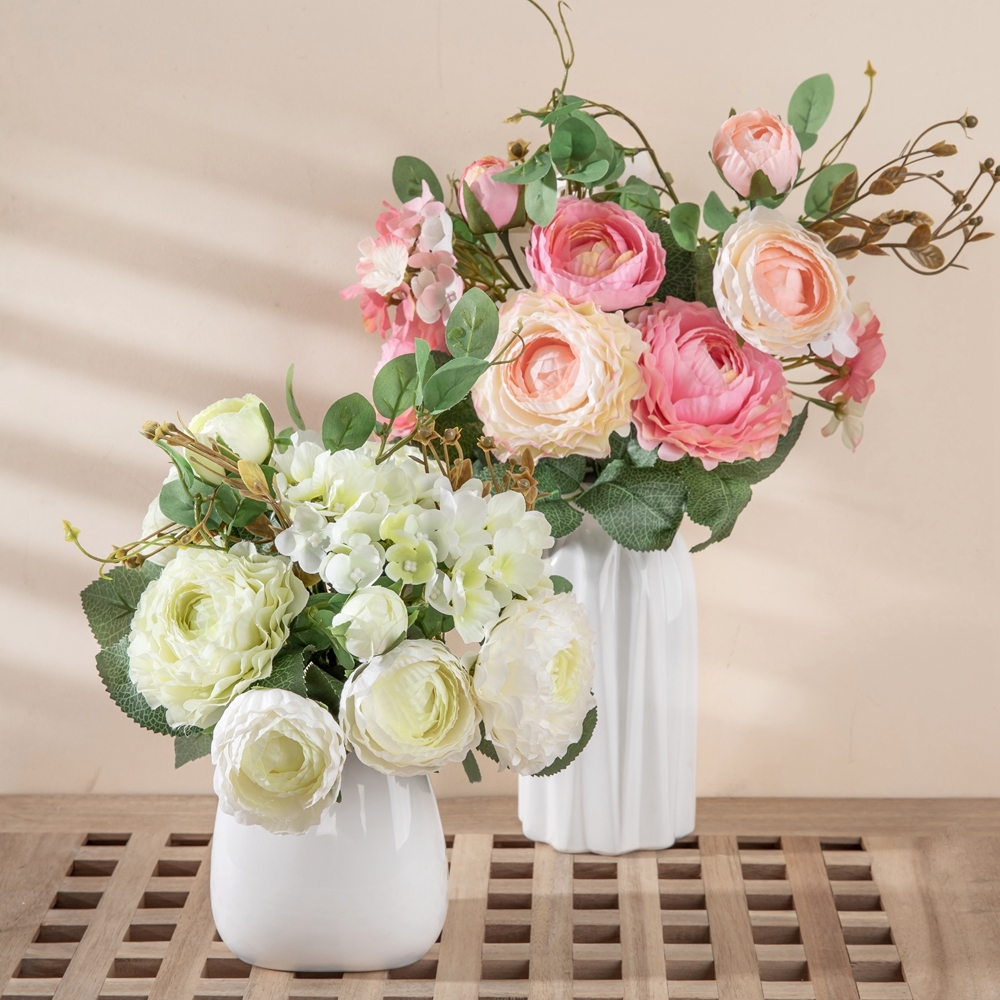 GF16384 Popular silk Ranunculus Hydrangea White Green flower Bridal for Decorative Flower