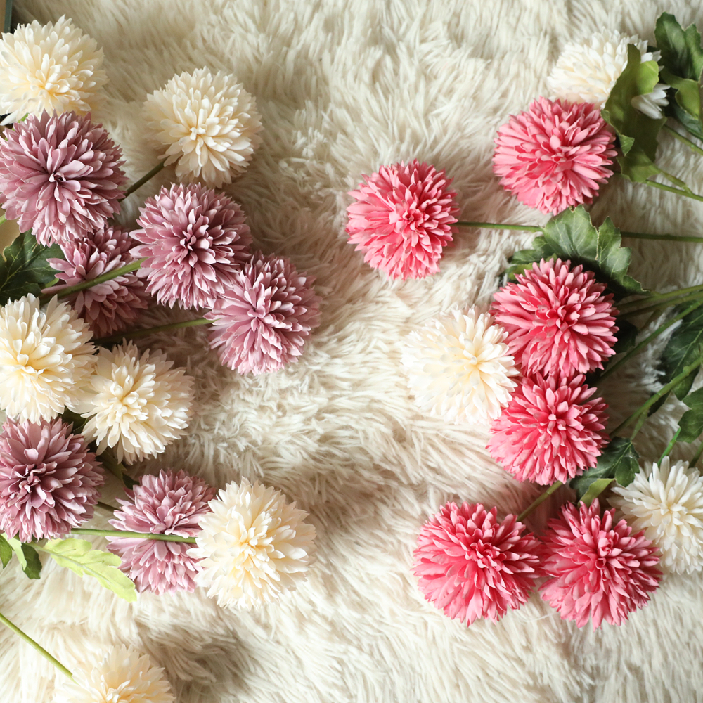 YC1019 Hot Selling Wedding Single Stem 3 Heads Fabric Artificial Ball Chrysanthemum For Wedding Supplies
